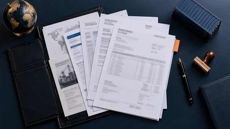 Shipping documents, stamp and pen laid out on a desk