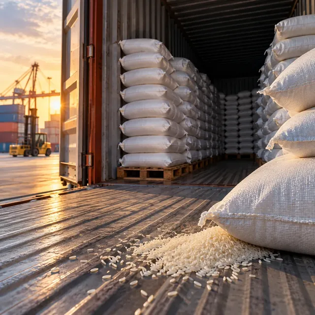 Stacked rice sacks inside a shipping container at the port