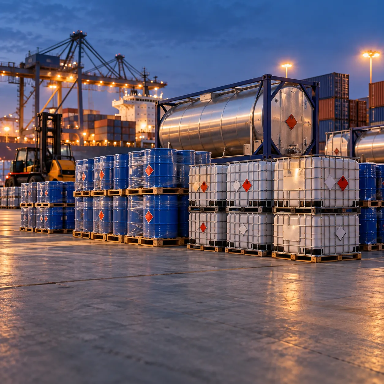 Chemical drums, IBC tanks and an ISO tank container in a port yard