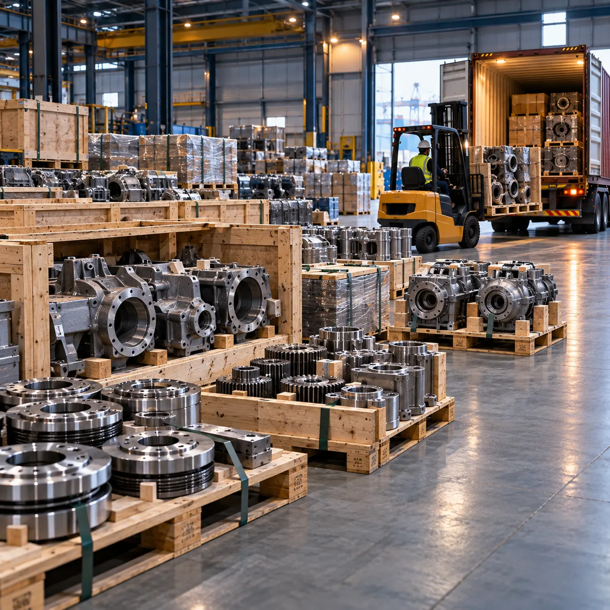 Machined castings and auto components crated on pallets for export