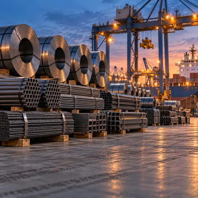 Steel coils and bundled steel bars stacked at a port storage yard