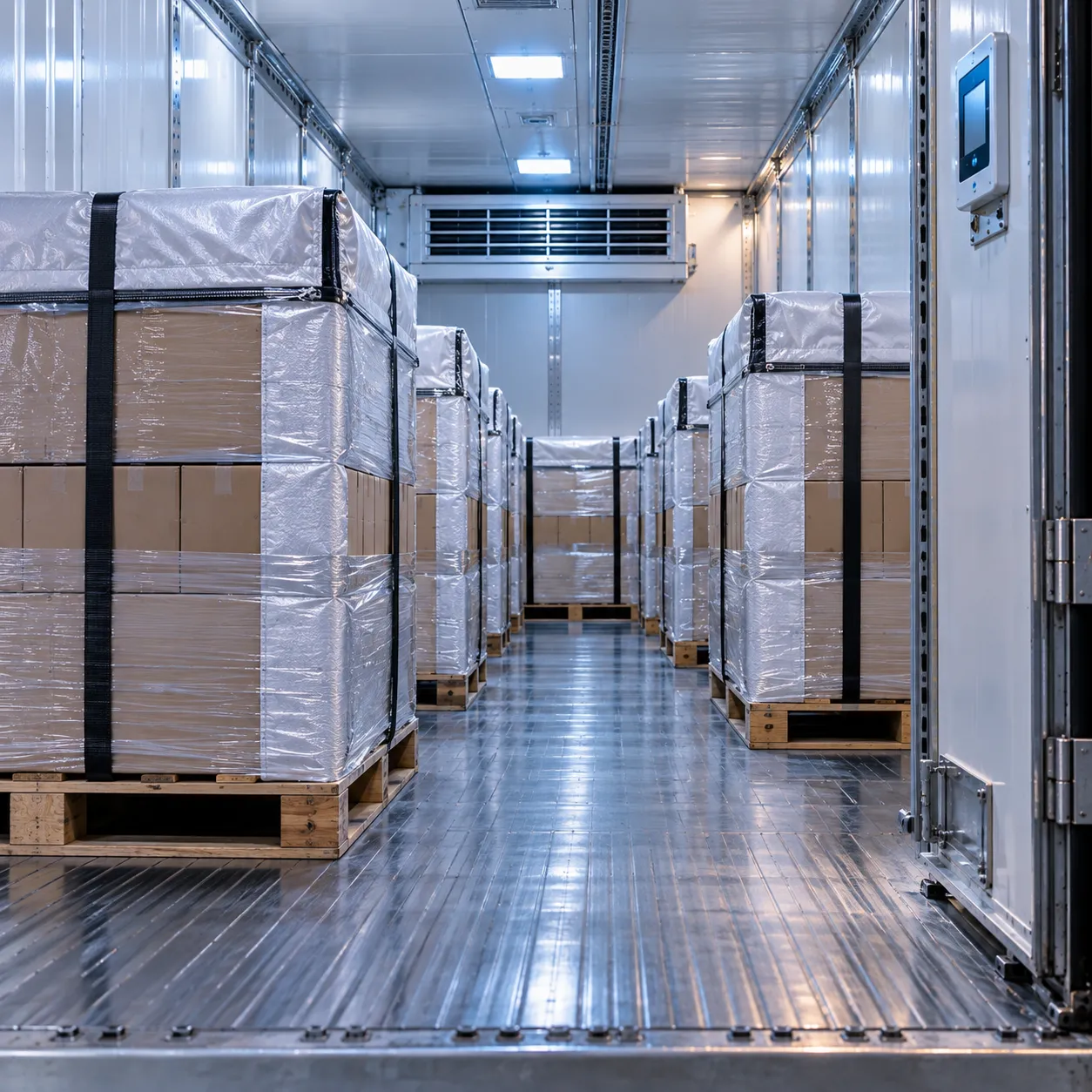 Pharmaceutical cargo on pallets in a temperature-controlled unit