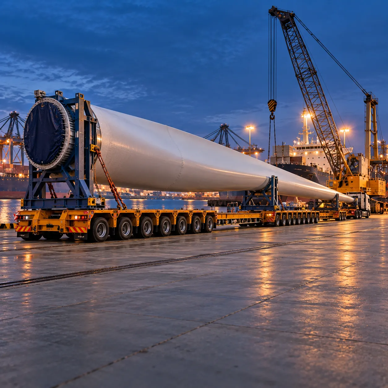 Wind-turbine blade on a heavy-haul trailer at a port quay