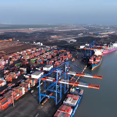 Aerial view of the container yard and berthed vessels at Kandla (Deendayal) port