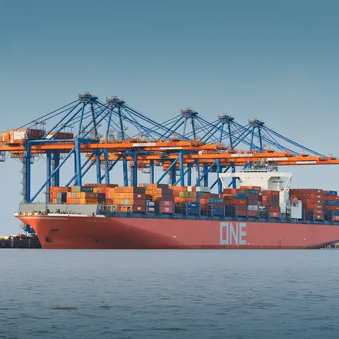 Container ship being worked by quay cranes at Pipavav port